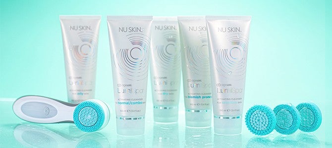 lumispa experience - header ageloc lumispa facial cleansing device by Nu Skin with treatment heads and cleansers