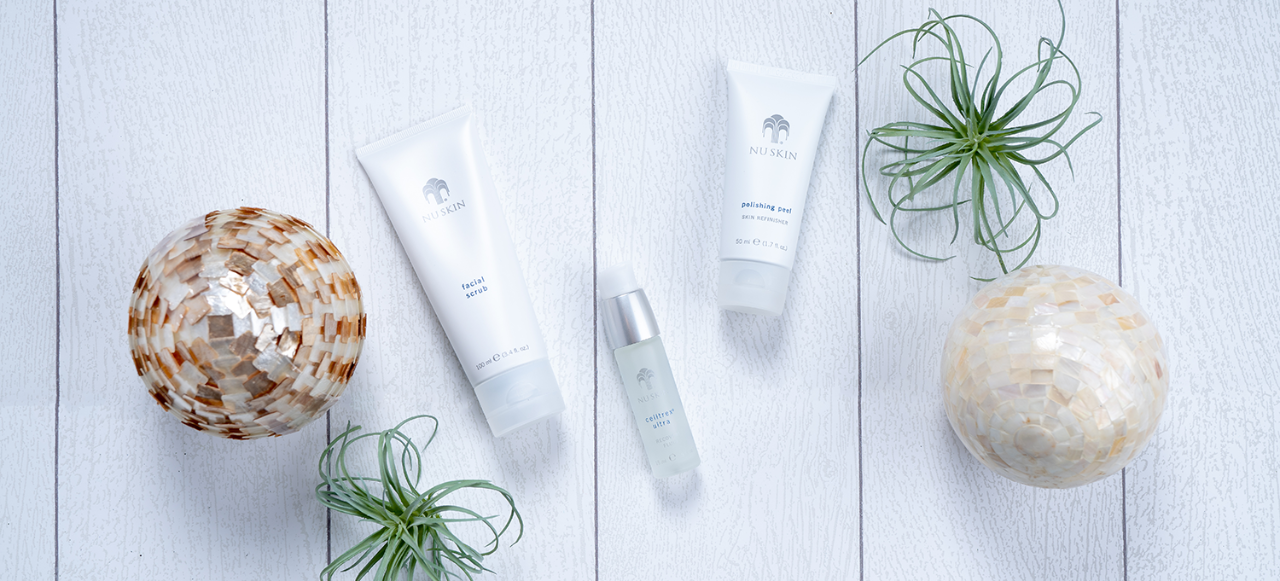 customized skin care in-text facial scrub, cellared ultra, and polishing peel on a white background