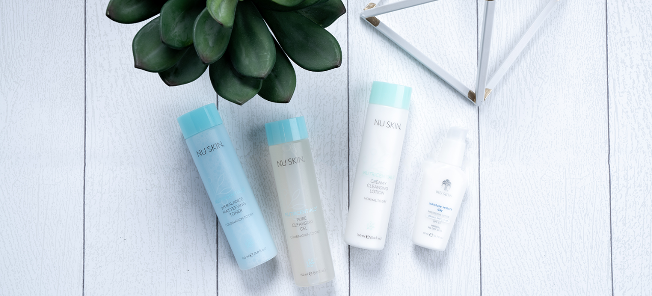customized skin care in-text2 nutricentials ph balance matefying toner, pure cleansing gel, and creamy cleansing lotion, along with Nu Skin moisture restore day